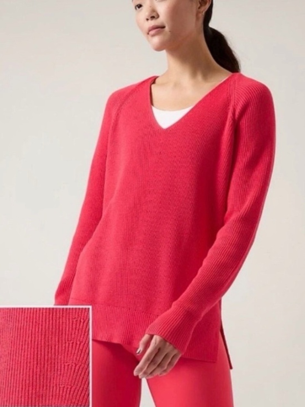 Athleta Women's Hanover Ribbed V-Nec Sweater Red Long Sleeve. Size Large